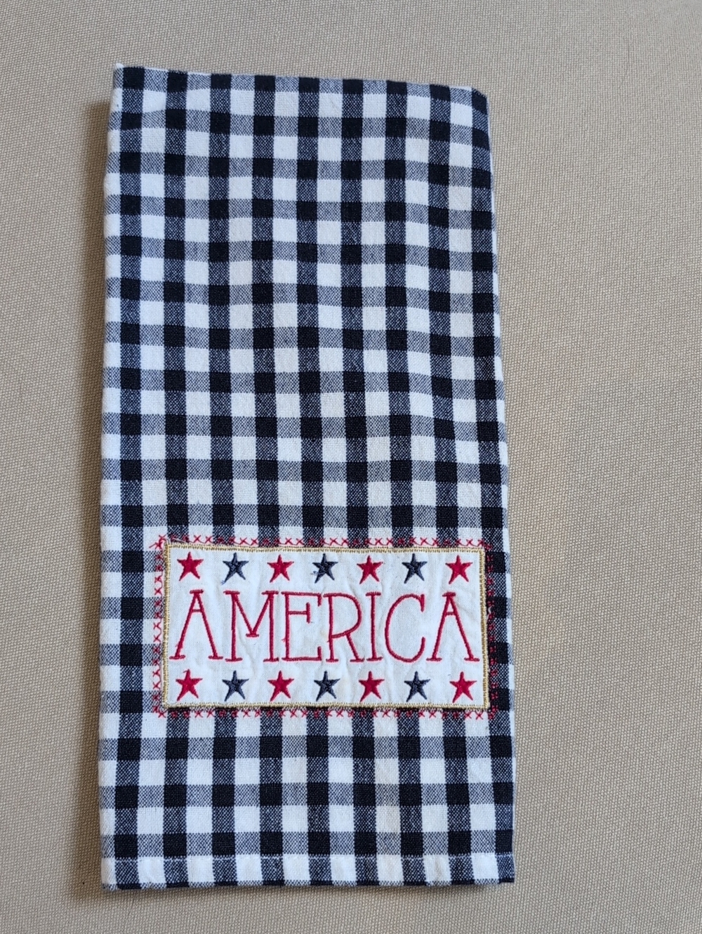 America Embroidered Navy & White Checkered Cotton Kitchen Towel Made In India
